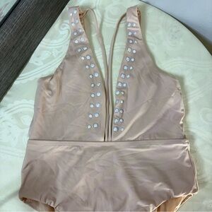 Reef kaleidoscope nude plunge front strappy swimsuit with pearl accents